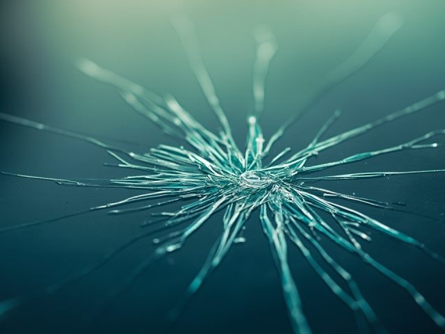 Artistic close-up of a small star-shaped chip on a car windshield, with light refracting through the damaged glass, hinting at a blurred Houston street scene. Photo ideal for affordable auto glass repair or Houston windshield replacement services by Uni Auto Glass.
