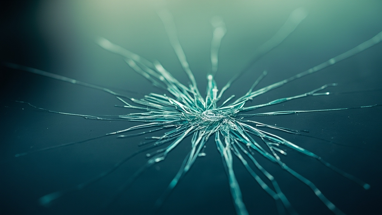 Artistic close-up of a small star-shaped chip on a car windshield, with light refracting through the damaged glass, hinting at a blurred Houston street scene. Photo ideal for affordable auto glass repair or Houston windshield replacement services by Uni Auto Glass.