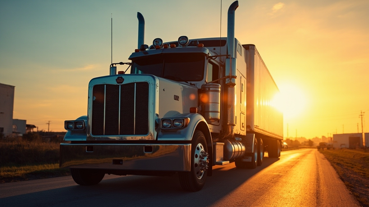 A wide shot of a semi-truck parked in a houston industrial lot on a clear day. The focus is on the truck's large windshield, with the blurred urban landscape of houston in the distance. This image evokes the scale often associated with vehicle services like affordable auto glass repair and houston windshield replacement.