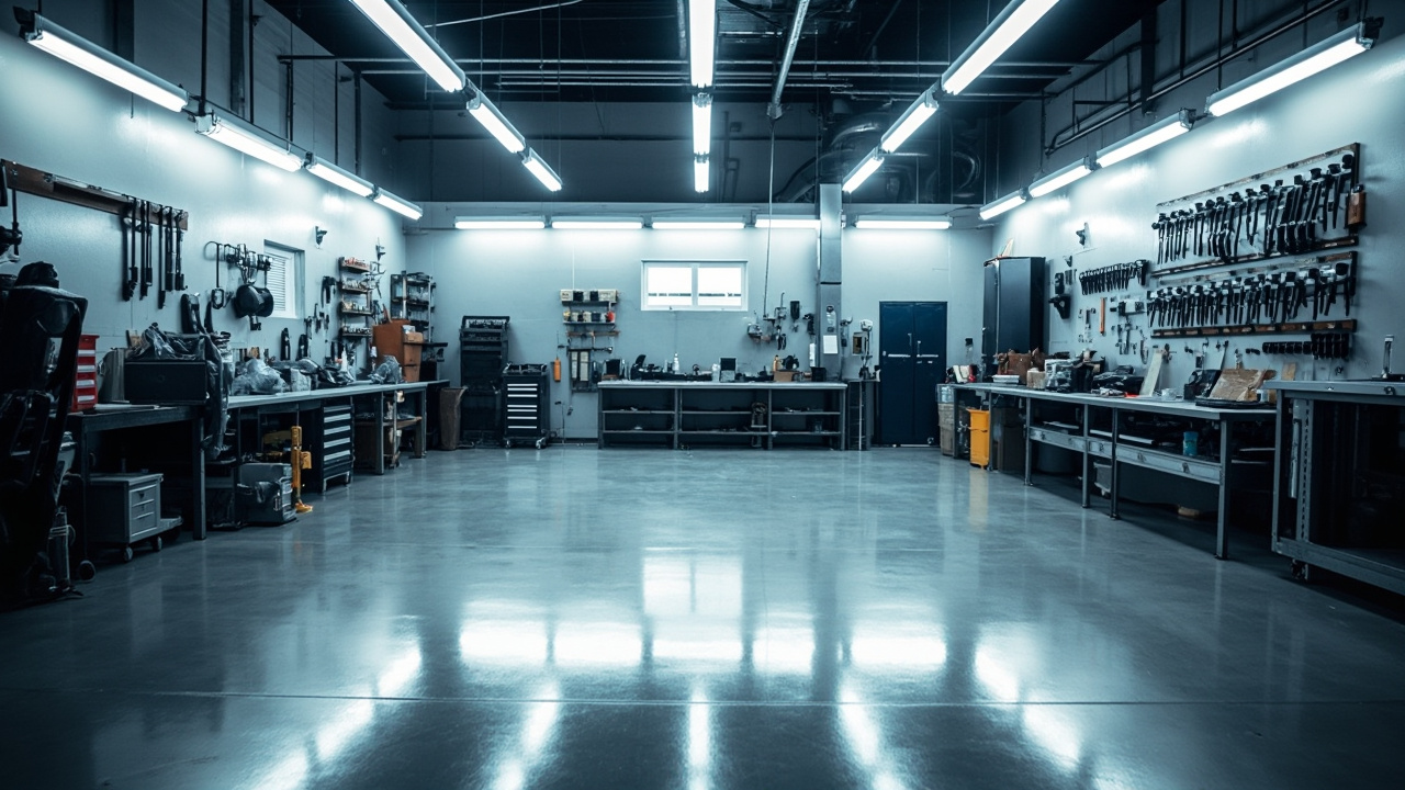 A clean, brightly lit auto glass workshop bay at uni auto glass houston, featuring neatly arranged tools and equipment on a workbench, with sunlight streaming through a large window, showcasing a pristine environment for affordable auto glass repair.