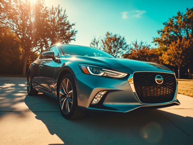 A modern sedan is parked in a sun-drenched residential driveway in Houston, TX. The image captures the subtle heat shimmer characteristic of Texas afternoons, highlighting the convenience of mobile windshield repair and auto glass repair services. The focus is on the car, with a softly blurred suburban background.