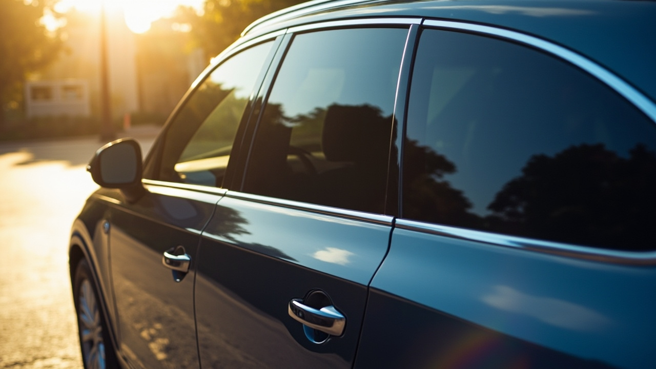 A modern suv parked on a sunny street in houston, showcasing its side profile with darkened ceramic window tinting that allows clear interior visibility.