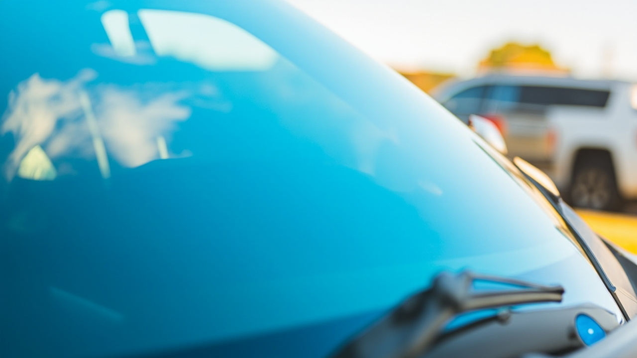 A close-up view of a pristine windshield reflecting a bright houston sky, emphasizing affordable windshield replacement services in houston.