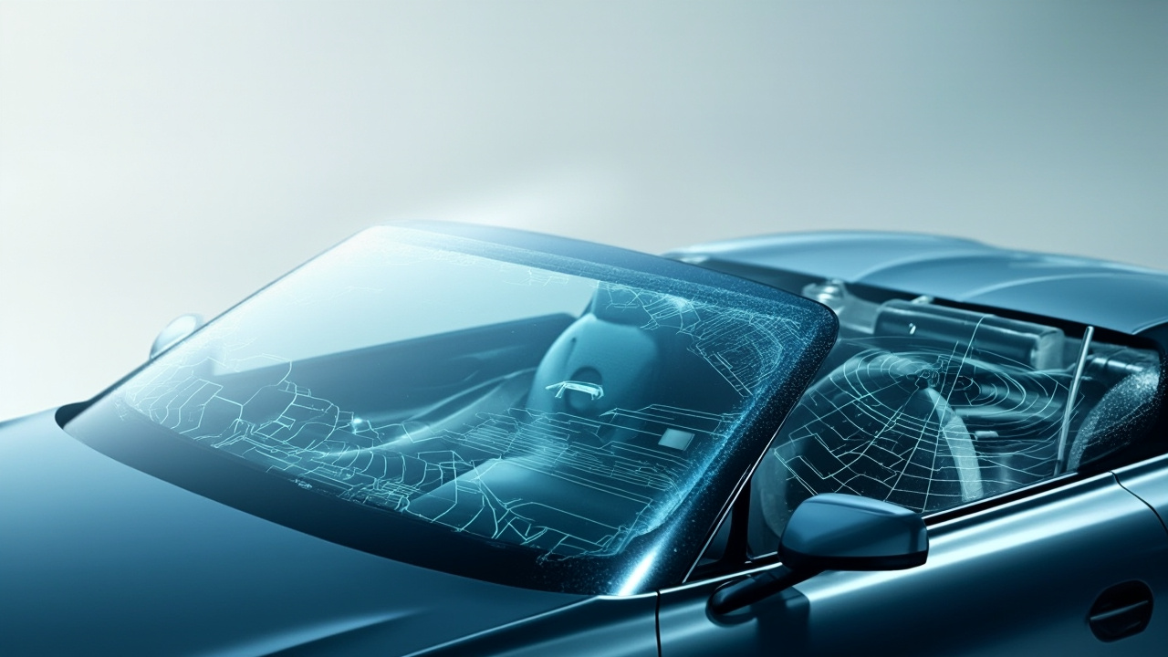 Symbolic image showing a thick glass slab with integrated circuit patterns alongside subtle stress fracture patterns, representing smart windshield technology and auto glass innovation in houston.