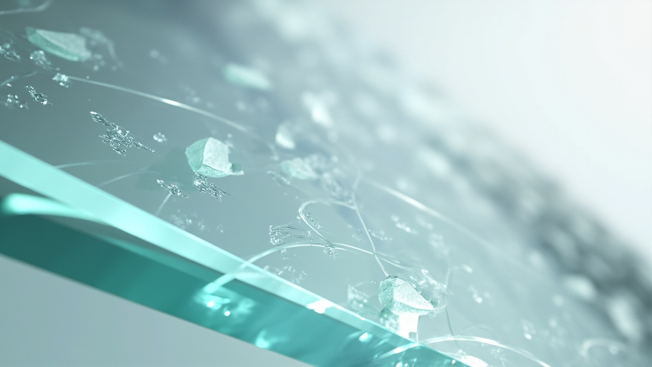 Abstract close-up of layered glass showcasing smart windshield technology and auto glass innovation, with subtle embedded sensors and a hint of a distant road.