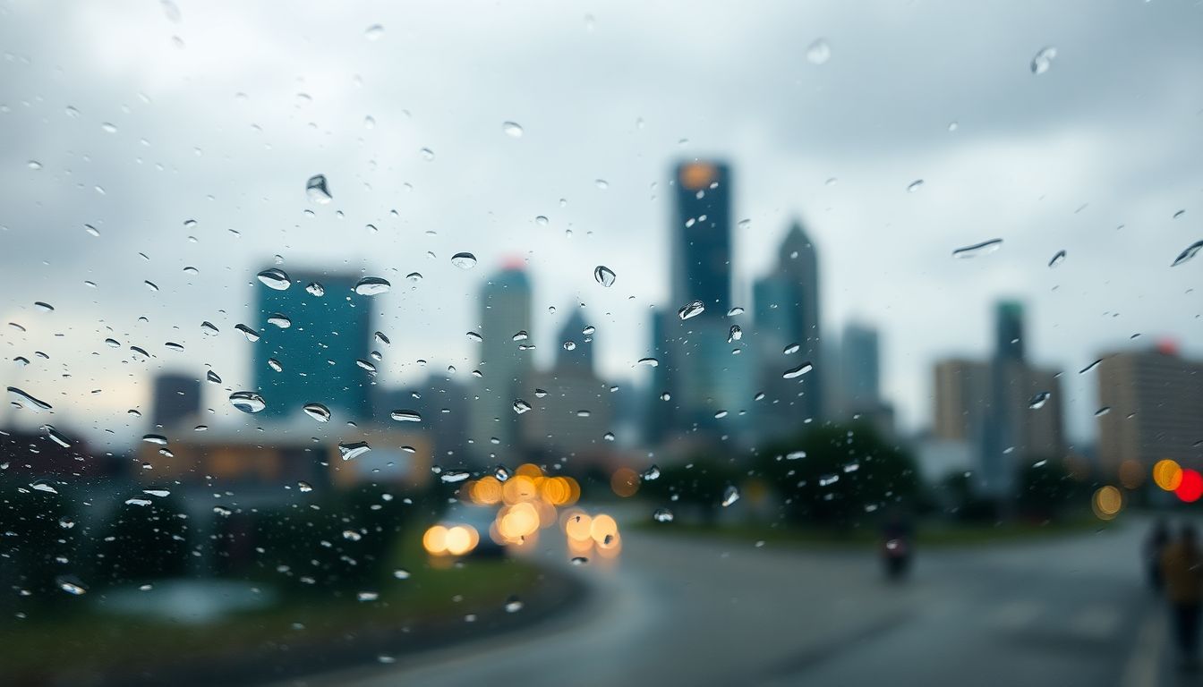 What Goes Into Windshield Replacement Costs? A Clear Breakdown 3 Rain droplets on a pristine car windshield during a houston thunderstorm, viewed from outside with blurred city buildings in the background, illustrating the importance of auto glass repair in houston and key windshield replacement factors affecting cost.