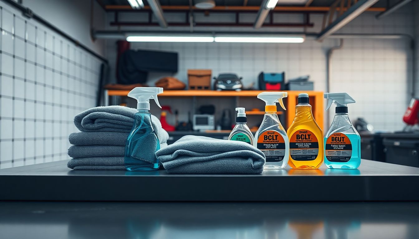 Best Windshield Cleaning Products That Work – And What to Skip 1 Wide-angle shot of best windshield cleaning products arranged neatly on a clean garage workbench, featuring folded microfiber cloths and spray bottles with liquid, under soft overhead lighting, perfect for auto glass maintenance and windshield cleaning tips.