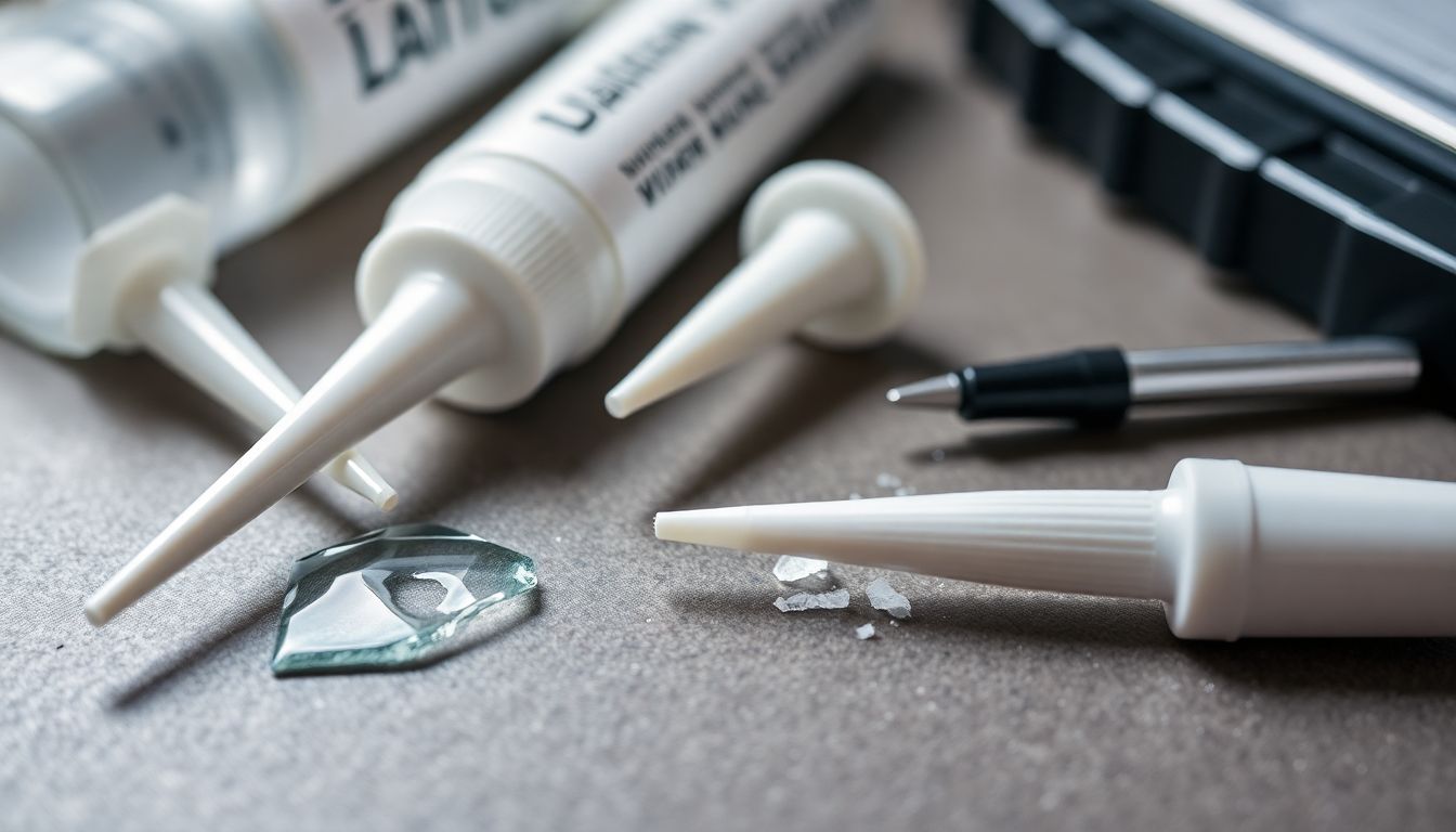 5 Reasons to Pick a Certified Auto Glass Technician Every Time 2 Macro shot of auto glass repair tools including sealants and suction cups arranged neatly on a workbench, with a small glass fragment displaying clean edges, used by certified auto glass technicians for windshield replacement in houston.