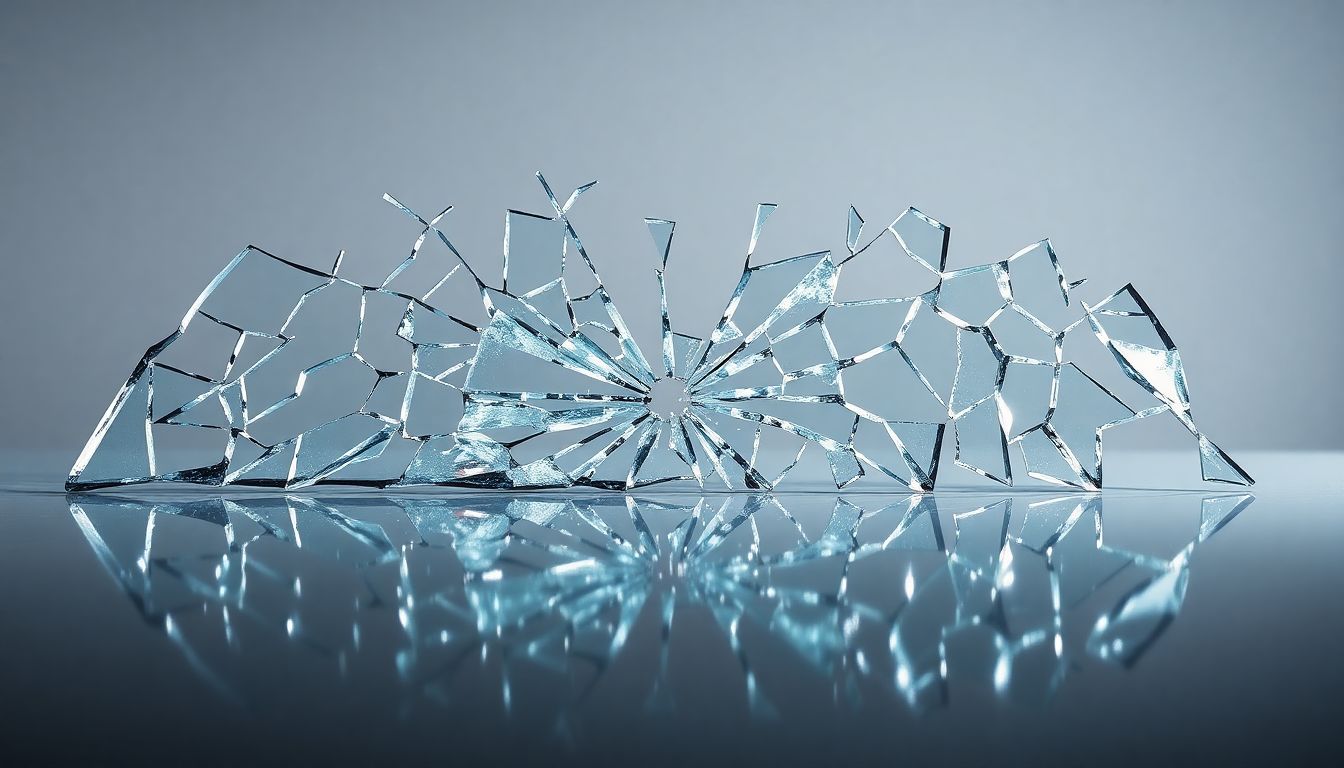 5 Reasons to Pick a Certified Auto Glass Technician Every Time 3 Abstract composition of shattered auto glass fragments reassembled into a near-complete windshield shape on a reflective surface, with light refracting through the pieces to create rainbows, representing the skilled work of a certified auto glass technician in auto glass repair and windshield replacement houston.