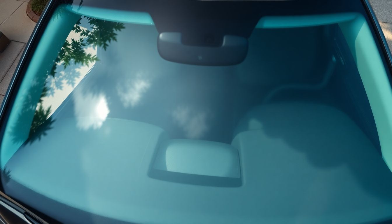 Keeping Your Windshield Clear During Houston's Pollen Season 3 Overhead view of a pristine and clear windshield on a parked vehicle in a shaded houston driveway, free from pollen buildup, with subtle reflections of green foliage and sky, emphasizing auto glass pollen maintenance and houston windshield repair needs.