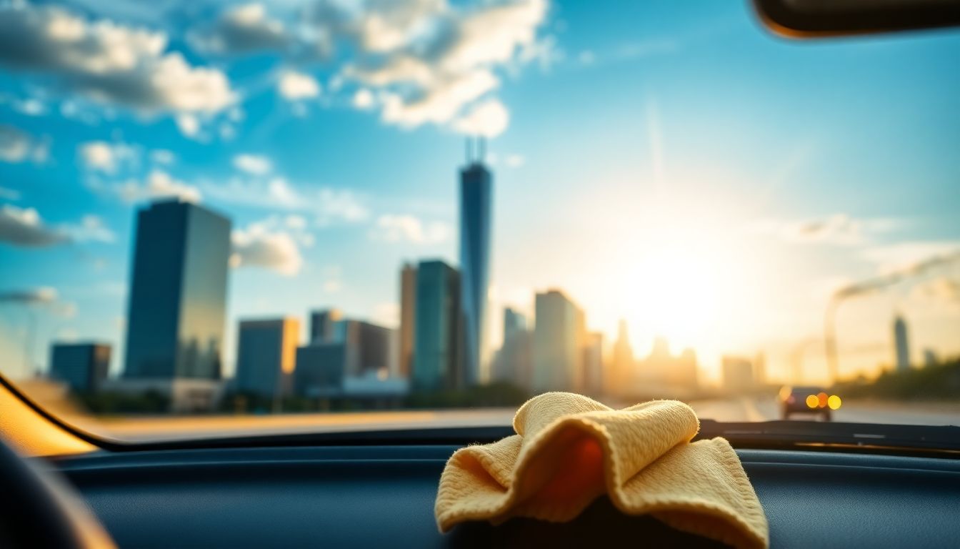Keeping Your Windshield Clear During Houston's Pollen Season 1 Wide shot of a clean car windshield reflecting a clear blue sky and distant houston skyline, with a soft microfiber cloth on the dashboard, emphasizing windshield clear houston pollen removal and auto glass pollen maintenance.