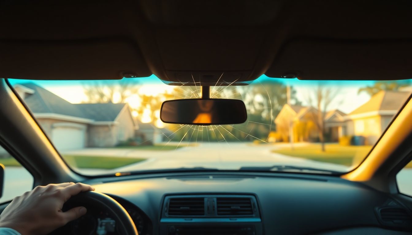 What Goes Into Windshield Replacement Costs? A Clear Breakdown 1 Wide-angle view from inside a parked car showing a prominent crack across the windshield, dashboard reflections in golden hour sunlight, illustrating auto glass repair needs in houston and factors affecting windshield replacement cost.