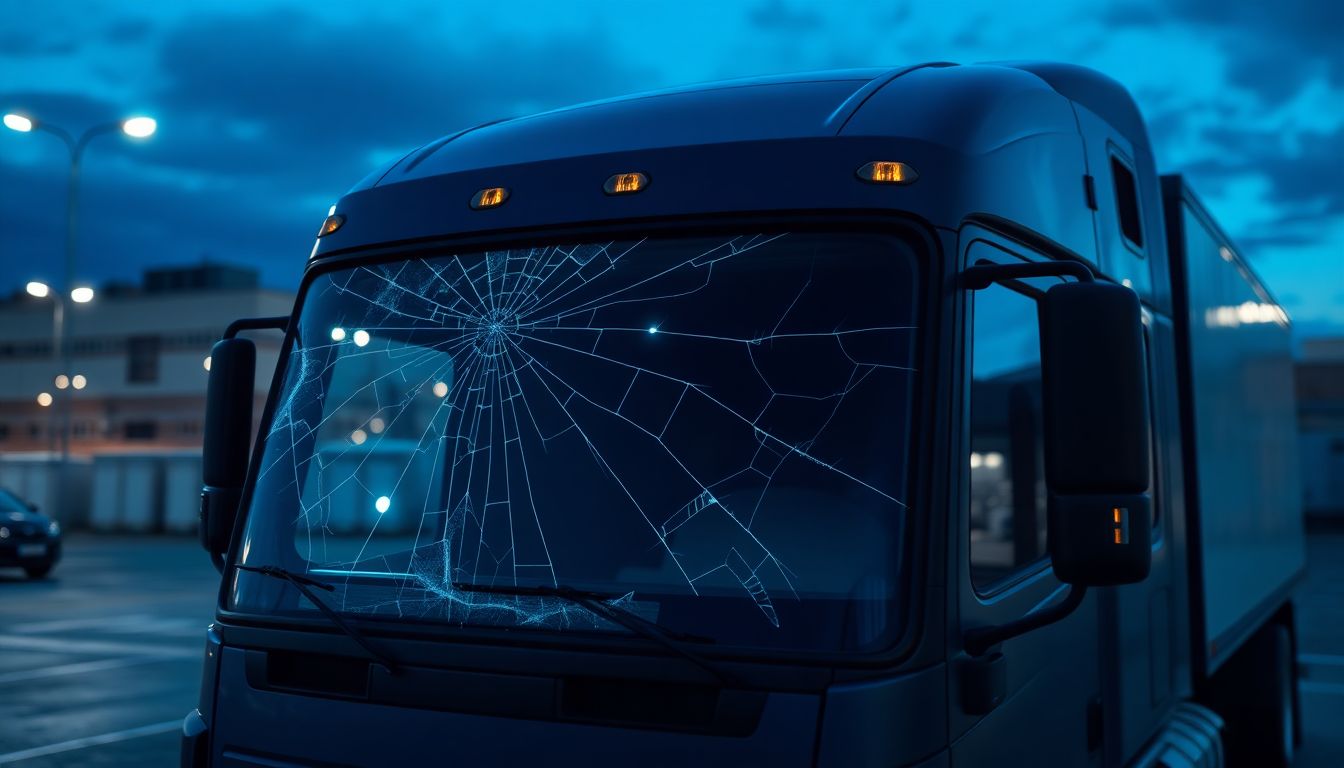 When Windshield Repair Just Isn't Enough: Know When to Replace 1 Wide-angle shot of a large commercial truck with extensive auto glass damage, featuring a long horizontal crack across the windshield and branching stress lines, parked in an industrial lot at dusk under cool blue street lamp lighting.