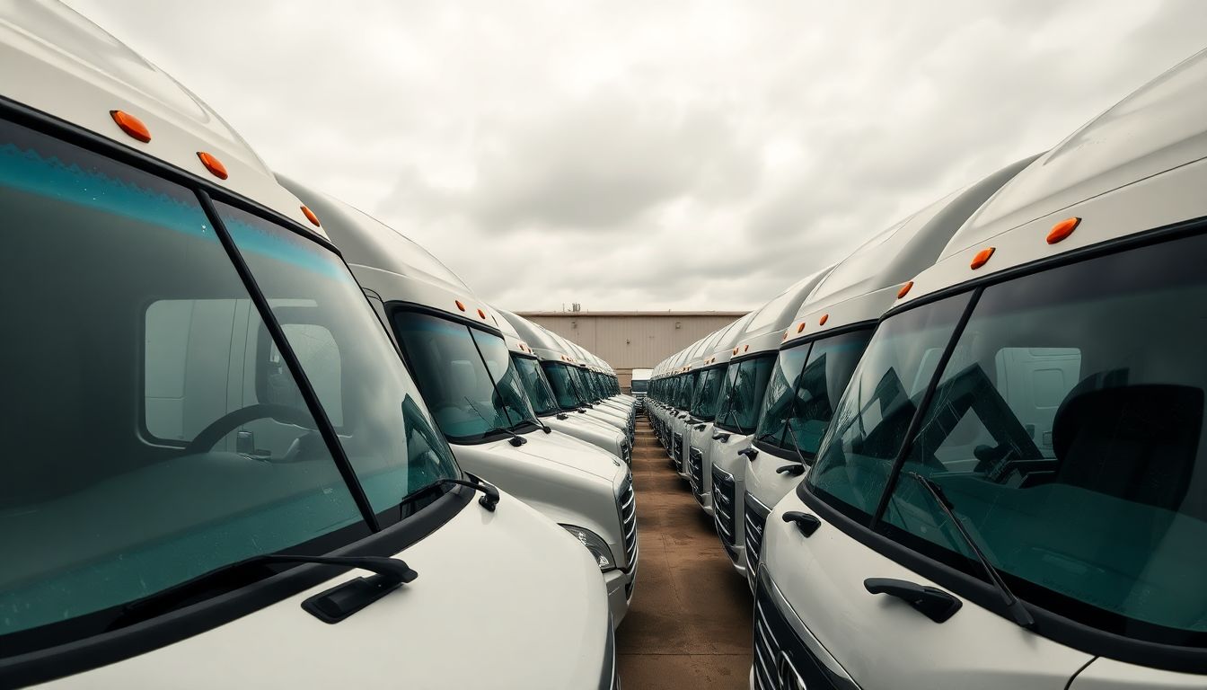 Reliable Fleet Windshield Services for Your Houston Business 1 Wide-angle shot of a row of commercial trucks parked in an industrial houston yard under overcast skies, with faint scratches visible on their windshields, highlighting the need for fleet windshield services houston and commercial auto glass repair.
