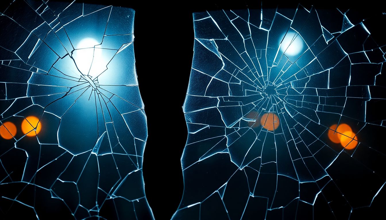 Get Your Car's Glass Ready for Hurricane Season in Texas 2 Abstract close-up of fractured auto glass displaying intricate crack patterns from texas storms, with dramatic side lighting emphasizing depth and texture, relevant to windshield repair houston and auto glass hurricane preparation.