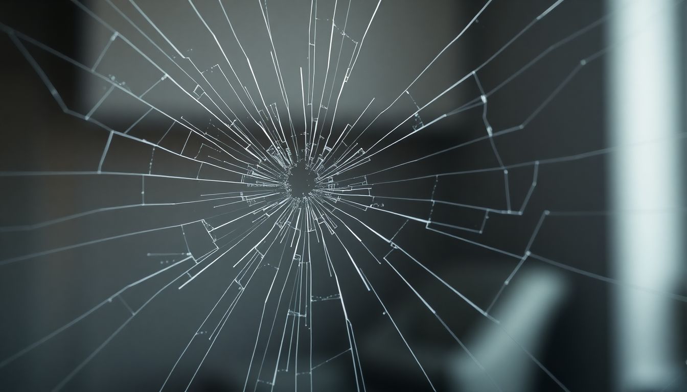 Stay Safe on Houston Roads: Windshield Tips for Stormy Drives 2 Abstract close-up of fractured windshield glass with fine spiderweb cracks radiating from the center, illuminated by soft sidelight, highlighting textures and shadows—ideal for understanding windshield repair houston needs after driving in houston rain.