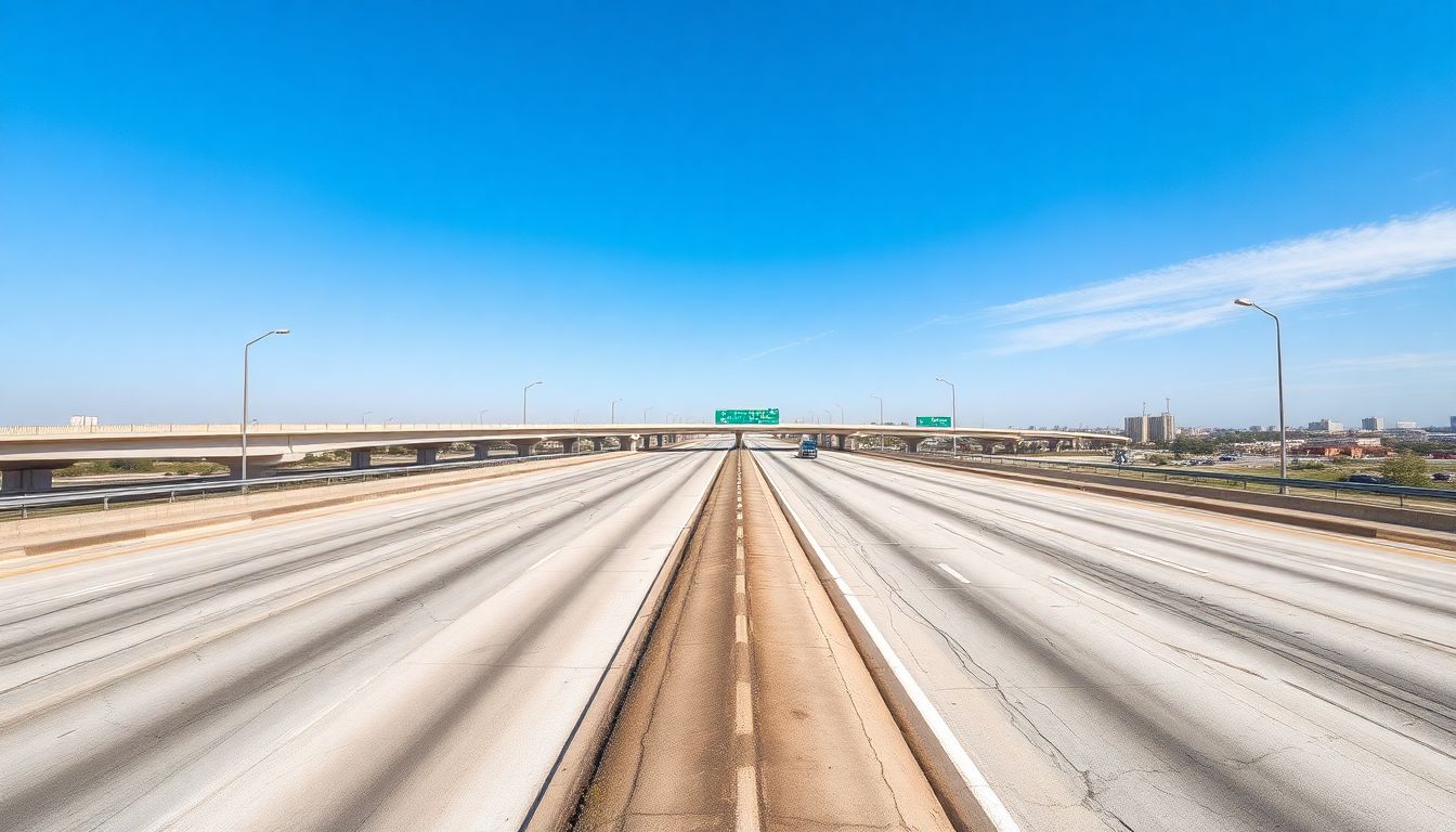 8 Houston Roads That Put Your Windshield at Risk 2 Overhead view of the empty beltway 8 highway interchange in houston at midday, showing concrete lanes with tire tracks, minor potholes, and subtle pavement cracks that contribute to windshield damage on houston roads, under a clear blue sky with sharp shadows.