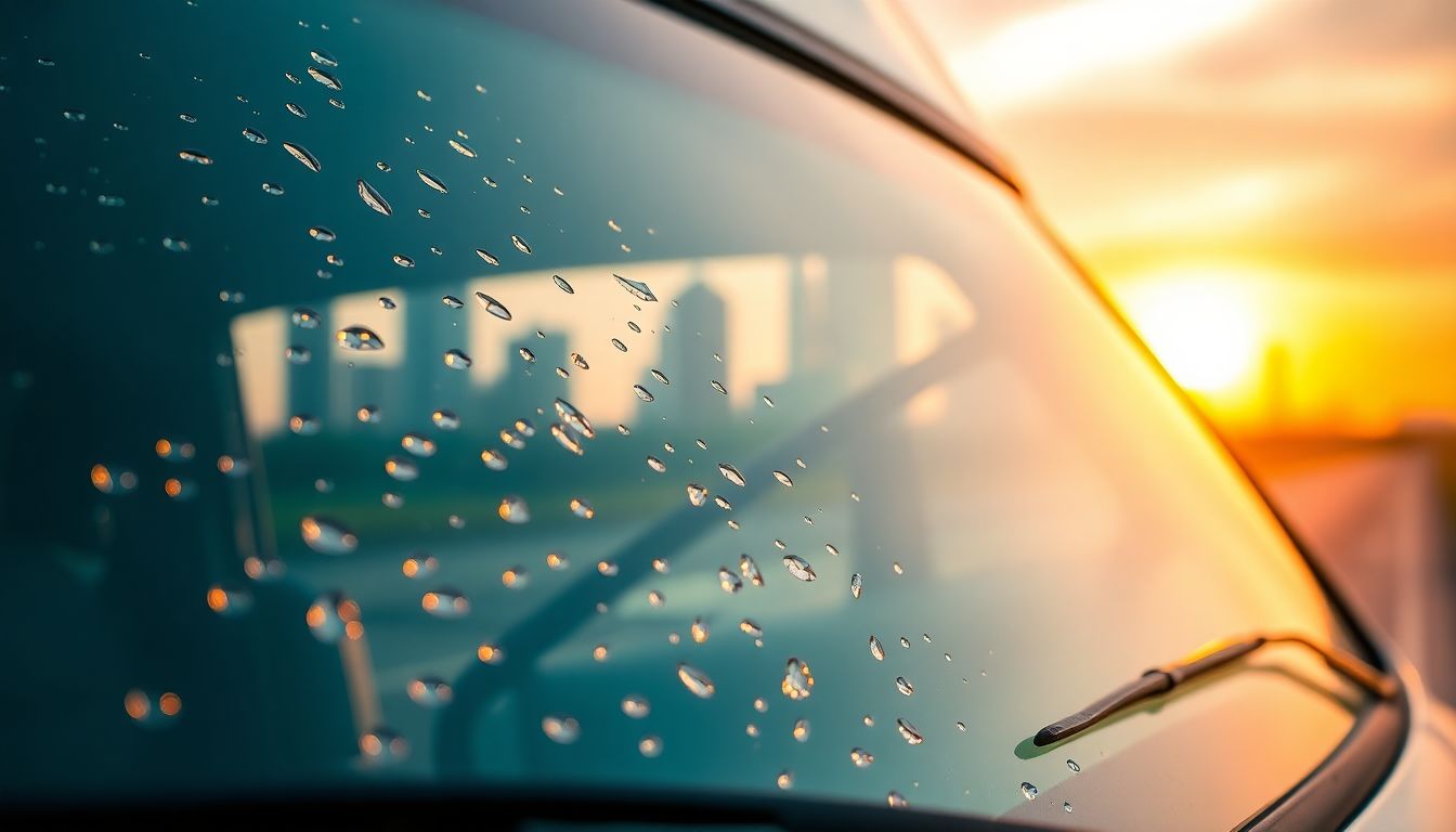 Reliable Fleet Windshield Services for Your Houston Business 2 Macro view of a pristine rv windshield with morning dew droplets, set against a blurred houston skyline at sunrise, symbolizing clarity from fleet windshield services houston and commercial auto glass repair.