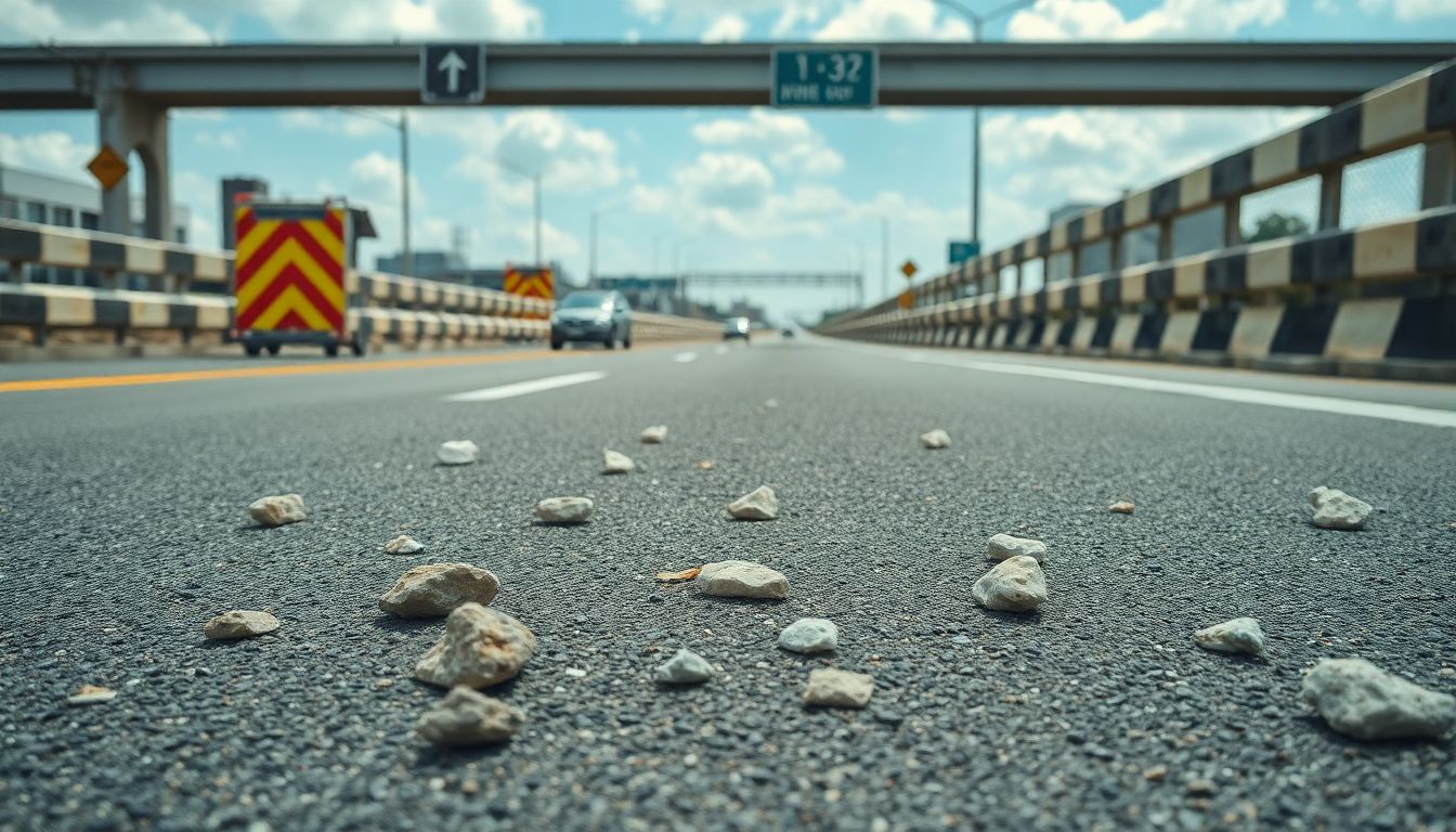 What to Do Right After a Rock Hits Your Windshield in Houston 3 Panoramic midday view of a houston highway with scattered rocks and debris on the asphalt near construction barriers, illustrating potential causes of rock chip windshield damage that may require windshield repair in houston or auto glass replacement.