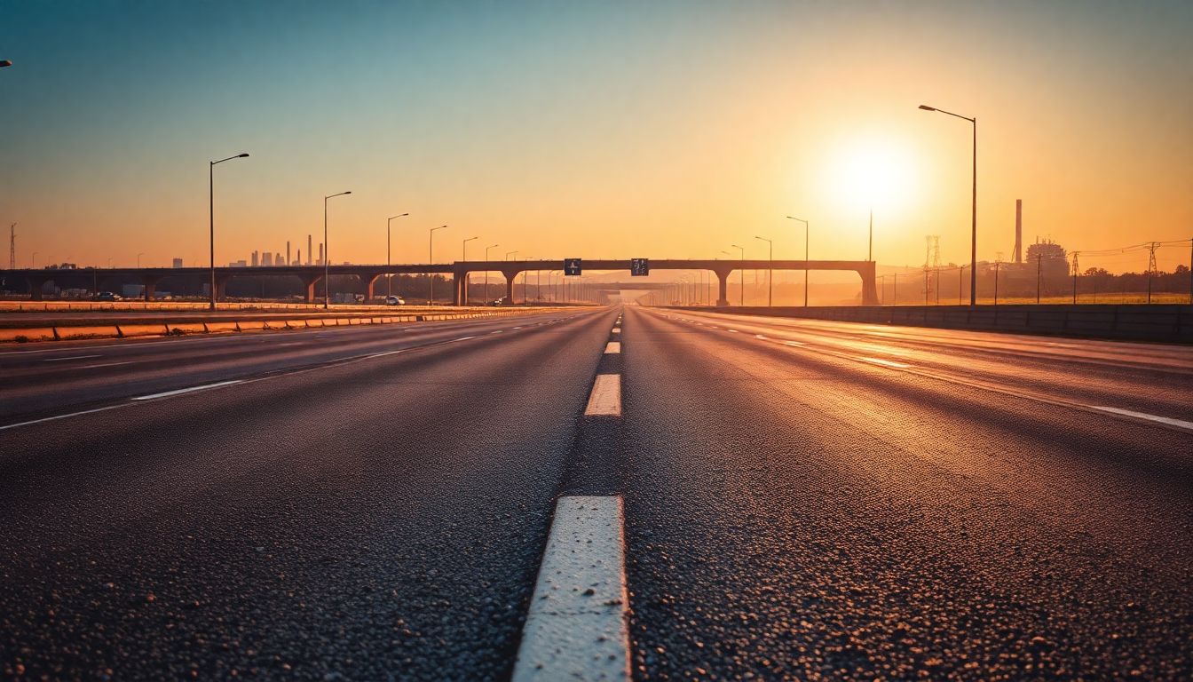 8 Houston Roads That Put Your Windshield at Risk 1 Wide-angle shot of empty multi-lane i-10 east highway in houston during golden hour, featuring scattered gravel and small debris on the asphalt that can cause windshield damage on houston roads, with distant industrial silhouettes, warm sunlight reflections, and leading lane lines.