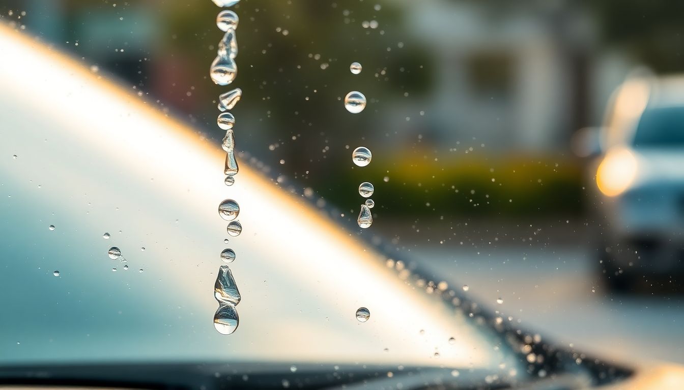 Keeping Your Windshield Clear During Houston's Pollen Season 2 Macro shot of water droplets and soap suds sliding down a clear houston windshield, with faint pollen residue in the bokeh background, emphasizing auto glass pollen maintenance and cleanliness.