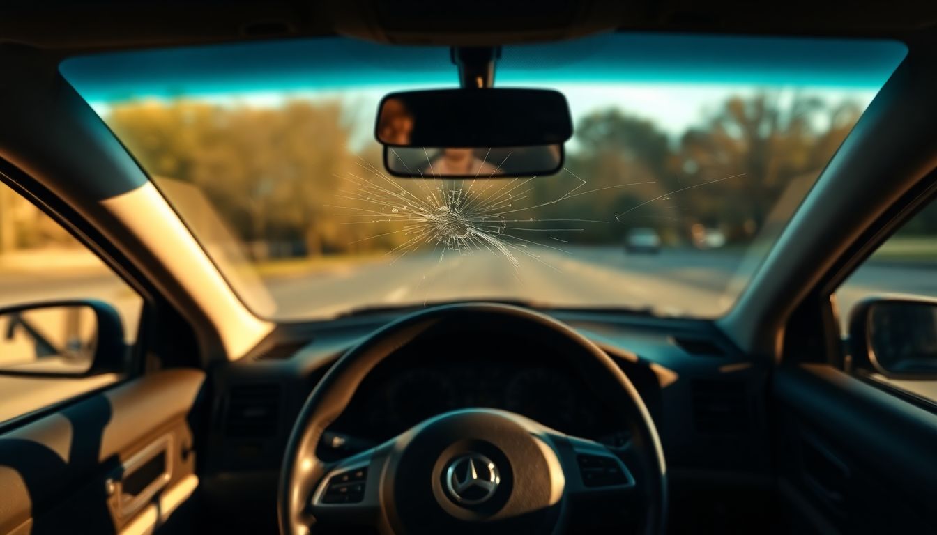 Does Comprehensive Insurance Cover Windshield Repair? 1 Wide interior shot of a vehicle dashboard showing a small chip on the windshield, with soft sunlight highlighting the damage; ideal for illustrating houston windshield repair insurance and comprehensive auto glass coverage needs.