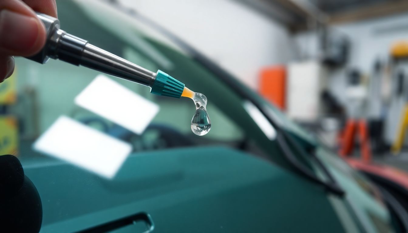 Does Comprehensive Insurance Cover Windshield Repair? 2 Macro close-up of a windshield repair tool applying clear resin to a small chip on auto glass, illustrating the repair process covered under comprehensive auto glass coverage and windshield repair insurance in houston.