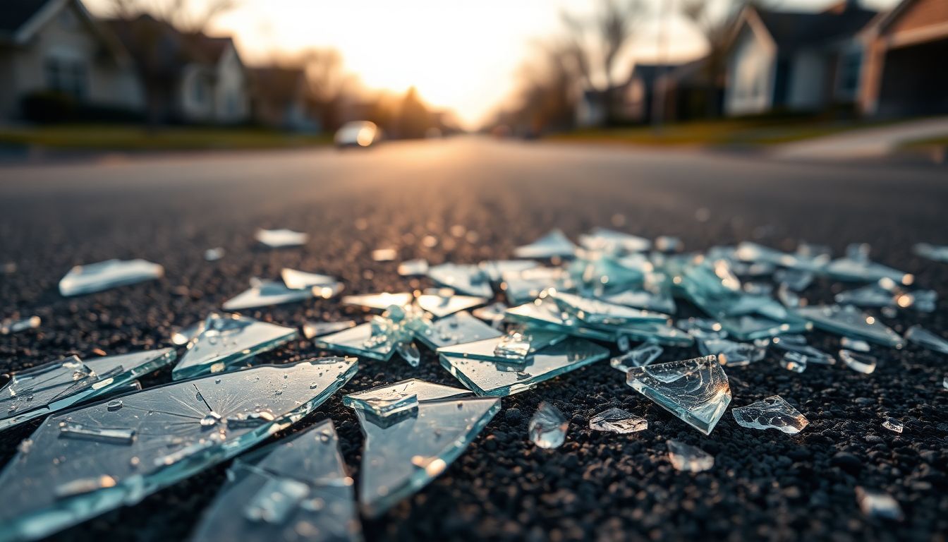 8 Houston Roads That Put Your Windshield at Risk 4 Close-up abstract view of shattered safety glass fragments from windshield damage on houston roads, scattered on dark asphalt in a suburban setting at dawn, with soft morning light creating a mosaic of reflections and sharp edges.