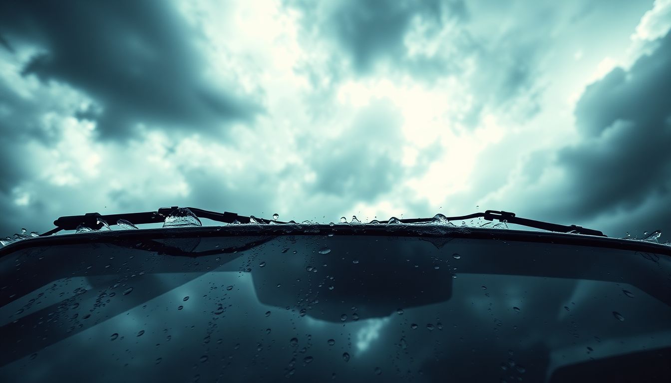 5 Common Mistakes That Harm Your Windshield Wipers and Glass 3 Dramatic low-angle shot of a vehicle windshield reflecting a stormy sky, wiper blades mid-swipe amid rain beads and motion blur, illustrating windshield wiper damage and the importance of auto glass repair in houston.