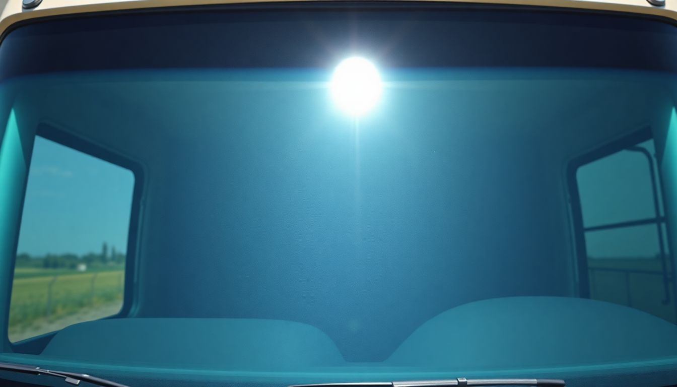 When Windshield Repair Just Isn't Enough: Know When to Replace 3 Overhead view of a pristine newly installed windshield on an rv in a sunny parking area, highlighting flawless windshield replacement and absence of auto glass damage, with reflective surface and faint horizon visible through the clear glass.