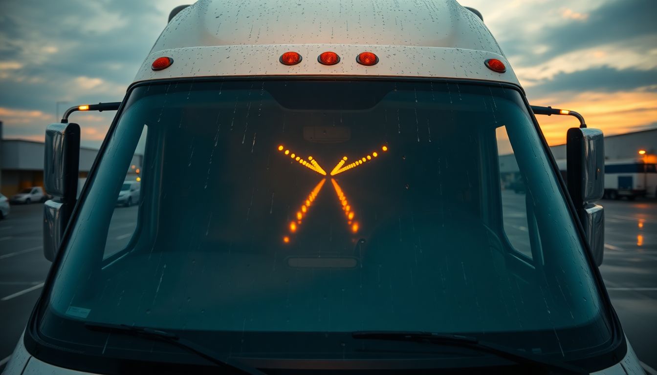 Best Windshield Cleaning Products That Work – And What to Skip 3 Expansive view of a large commercial truck's pristine windshield in an outdoor lot at dusk, with rain-slicked surface reflecting streetlights and golden hour glow, highlighting best windshield cleaning products and auto glass maintenance.