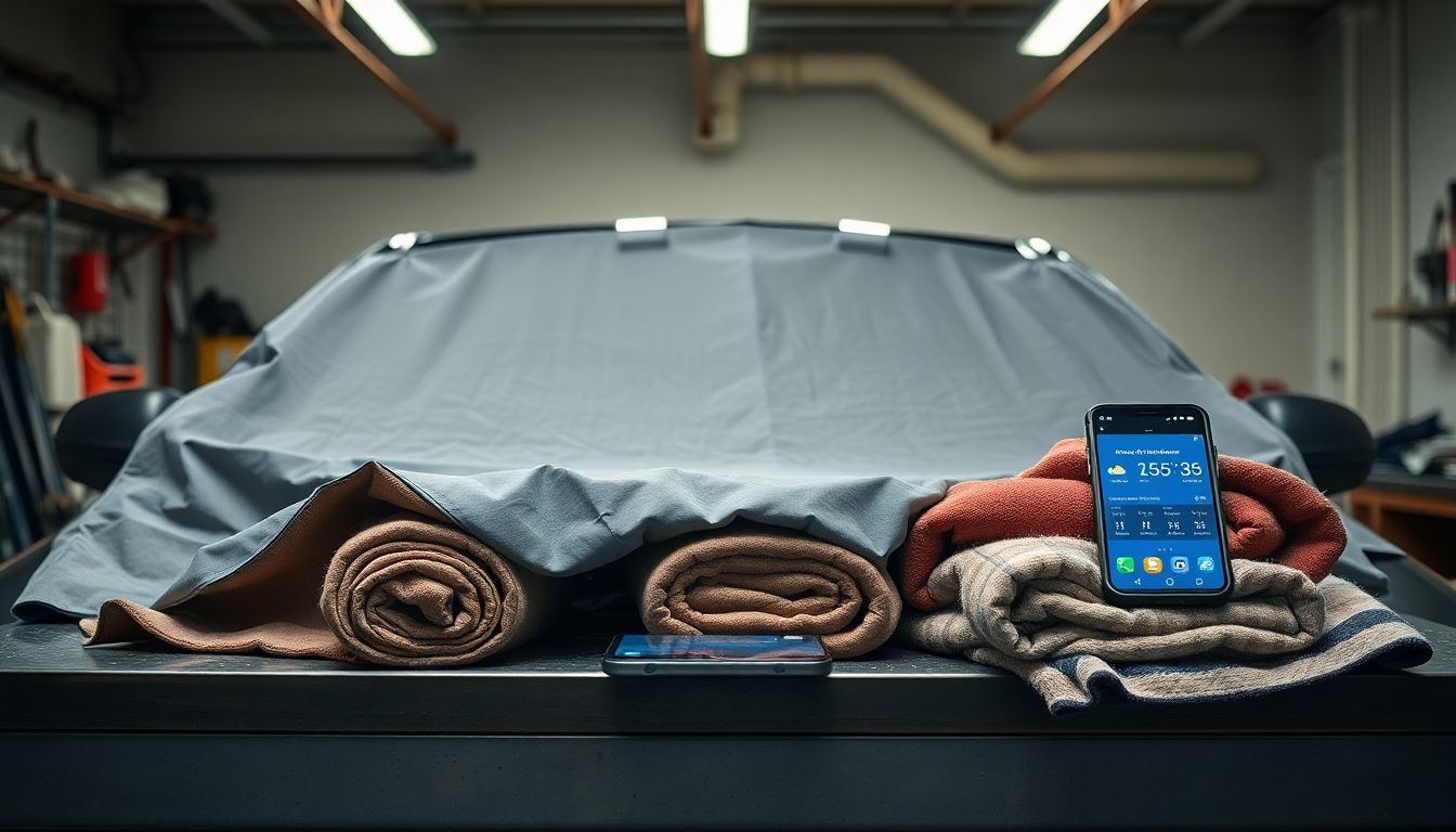 Protecting Your Windshield from Hail in Texas 3 Still life image on a garage workbench showing a folded fabric windshield cover to protect against hail damage, rolled blankets for auto glass protection, and a smartphone displaying a weather app, arranged neatly under soft indoor lighting with gentle shadows.
