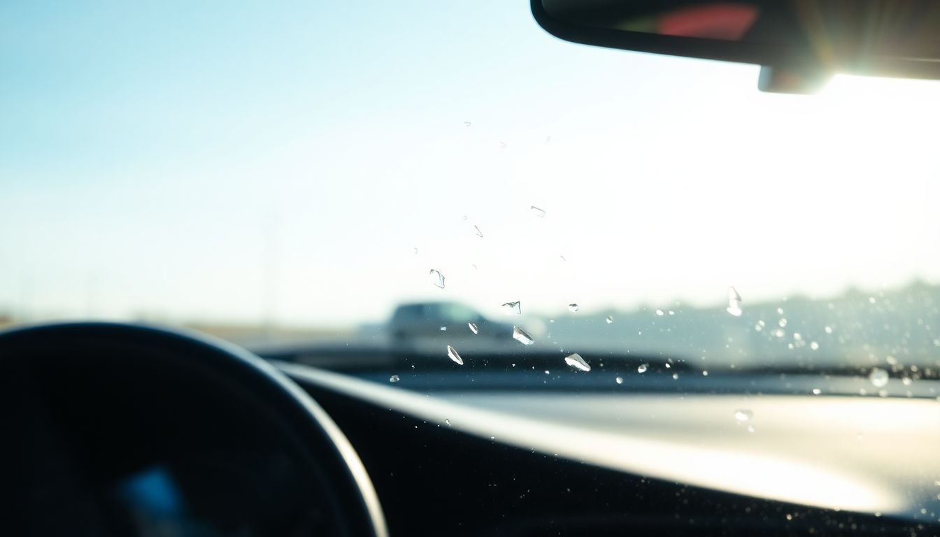 Protecting Your Windshield from Hail in Texas 2 Macro close-up of a car windshield with minor hail damage imperfections from weather exposure in texas, soft morning sunlight rays casting through the glass onto the dashboard, subtle blue sky reflections, highlighting the need for auto glass protection.