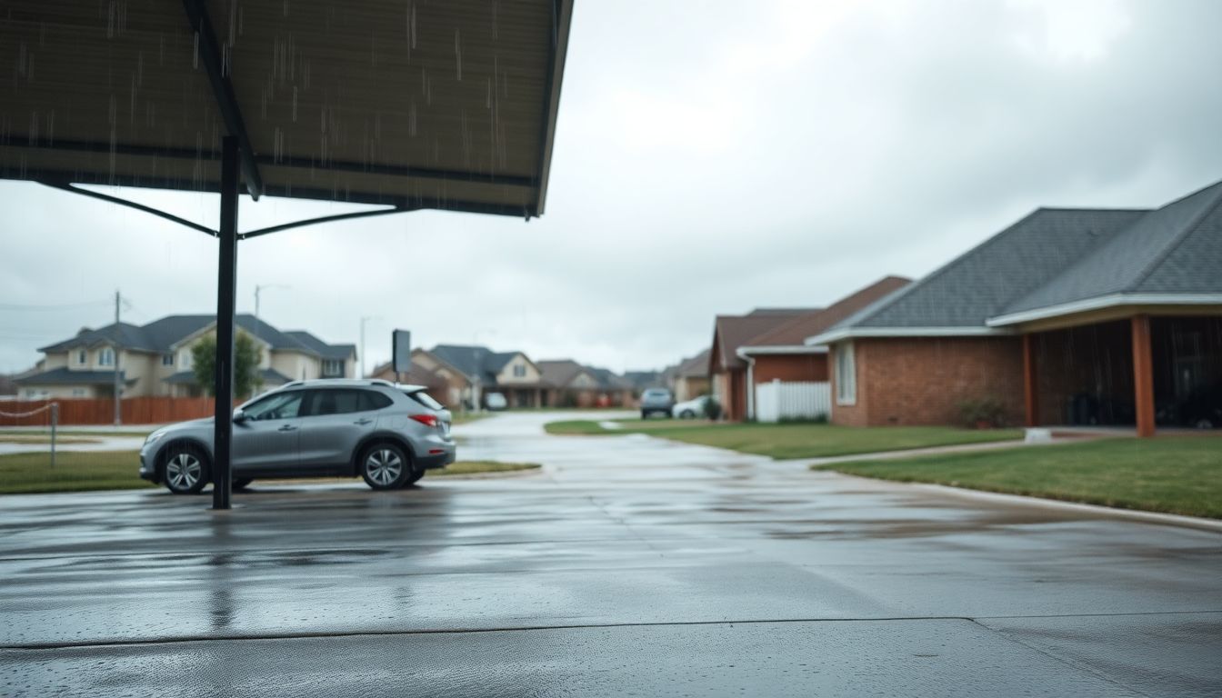 Protecting Your Windshield from Hail in Texas 1 Wide shot of an empty carport in a texas neighborhood during a brewing storm, sheltering a vehicle to protect windshield from hail damage, with rain falling on the concrete floor and water pooling nearby under overcast skies.
