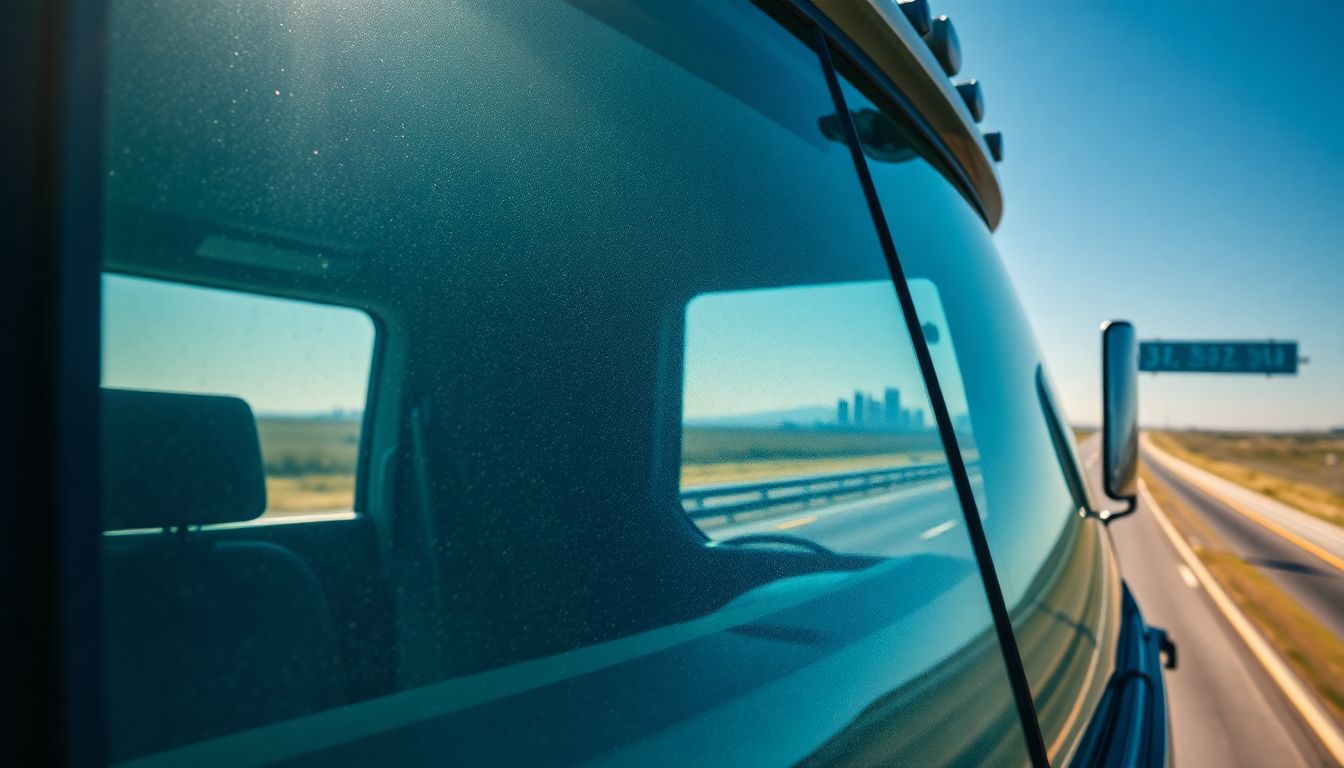 What Goes Into Windshield Replacement Costs? A Clear Breakdown 2 Overhead drone perspective of a semi-truck's expansive windshield on the shoulder of a highway in houston outskirts, under clear blue sky with subtle road dust and distant skyline, illustrating key windshield replacement factors and auto glass repair needs in houston, including potential replacement costs.