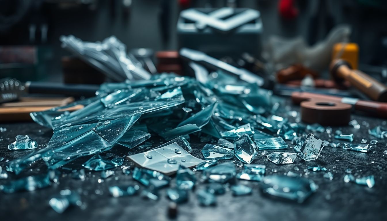 When Windshield Repair Just Isn't Enough: Know When to Replace 2 Macro view of shattered auto glass fragments on a workshop bench, displaying layered structures with inner plastic sheeting and irregular break patterns, relevant to windshield repair, windshield replacement, and auto glass damage assessment.