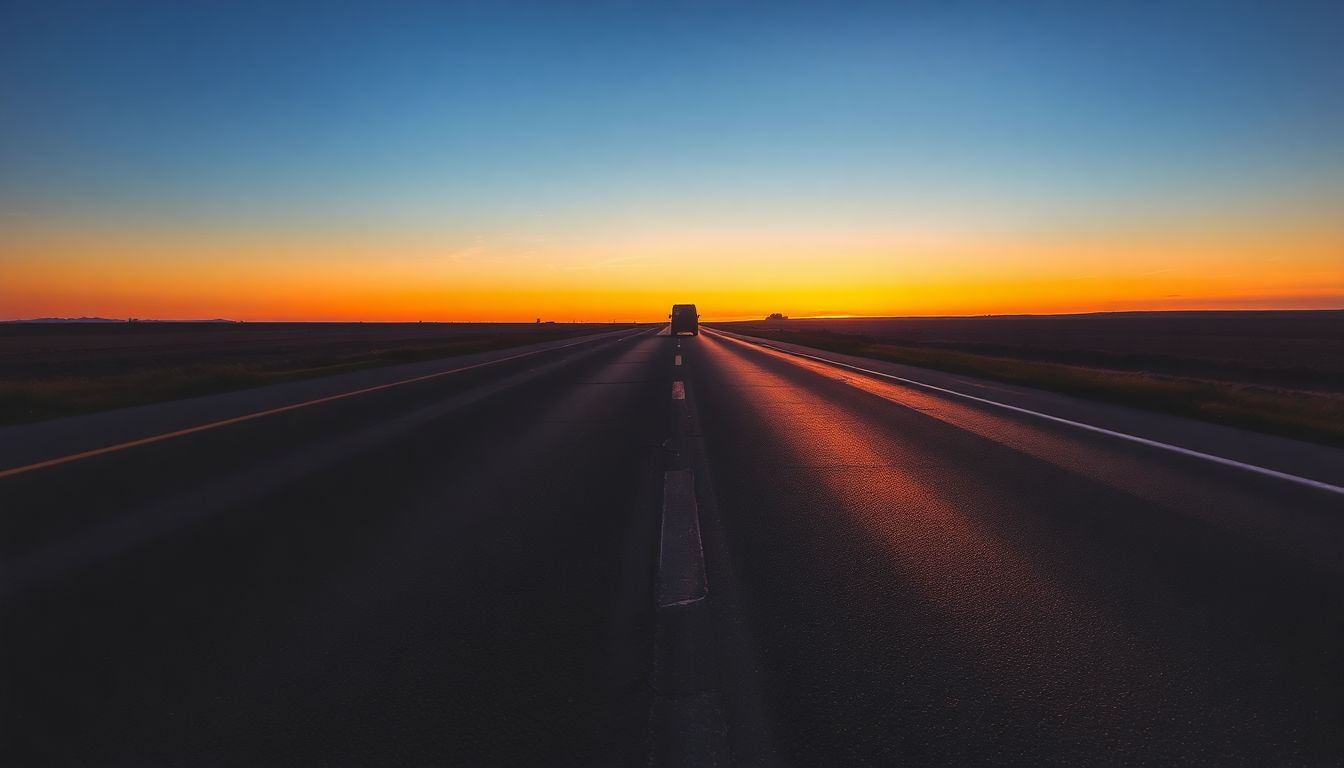 Step-by-Step Guide to Filing Your Windshield Replacement Insurance Claim in Texas 3 Expansive landscape of a texas highway at dusk featuring a cracked road surface leading to the horizon, with a vehicle silhouette in the distance under golden hour lighting and long shadows, highlighting potential hazards for auto glass damage and the need for windshield replacement insurance claim texas in areas like houston.