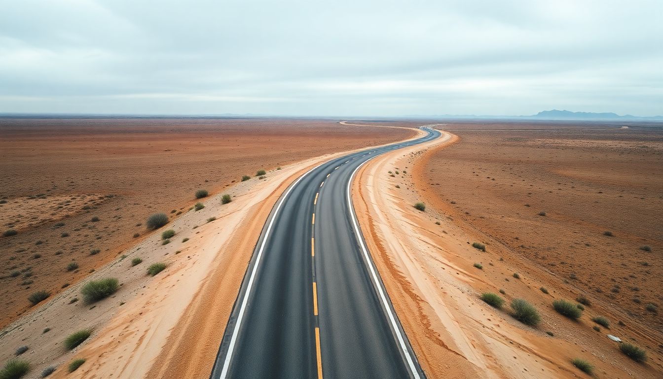 Stay Safe on the Road: Windshield Tips for Your Next Texas Trip 3 Drone-captured aerial view of a winding texas backroad through arid plains under a cloudy sky, with tire tracks on the dusty shoulder leading to the horizon, evoking preparation for safe texas road trips and highlighting essential windshield safety tips to prevent the need for auto glass repair in houston.