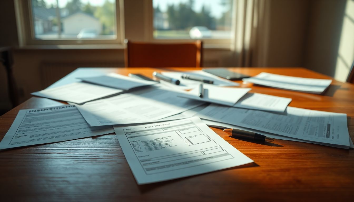 Step-by-Step Guide to Filing Your Windshield Replacement Insurance Claim in Texas 1 Wide-angle shot of scattered automotive documents including insurance papers and vehicle registration on a wooden table, with soft natural light from a window creating subtle shadows, illustrating paperwork for windshield replacement insurance claim in texas or auto glass claim in houston.