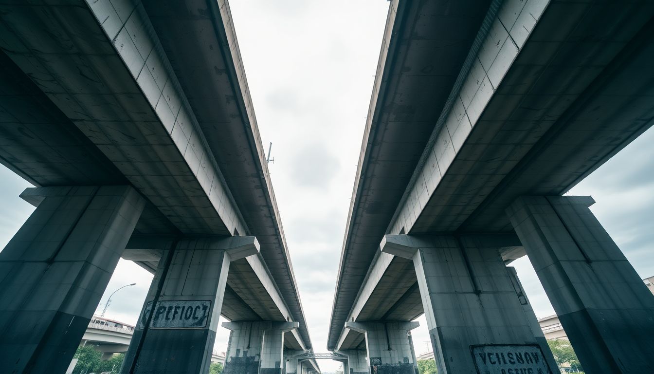 8 Houston Roads That Put Your Windshield at Risk 3 Low-angle view of the elevated west loop 610 highway in houston, showcasing concrete pillars and undercarriage with subtle drips and debris under overcast skies, illustrating potential causes of windshield damage on houston roads.