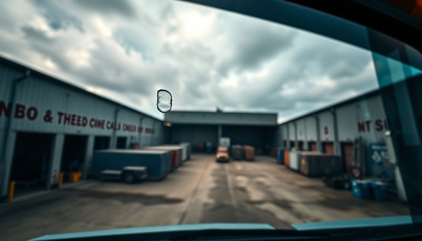 Why Mobile Windshield Replacement Fits Busy Houston Drivers 2 Overhead view of a large commercial truck windshield with a minor chip, set in an industrial houston warehouse yard under cloudy skies, emphasizing the need for prompt windshield repair houston and mobile windshield replacement houston services.