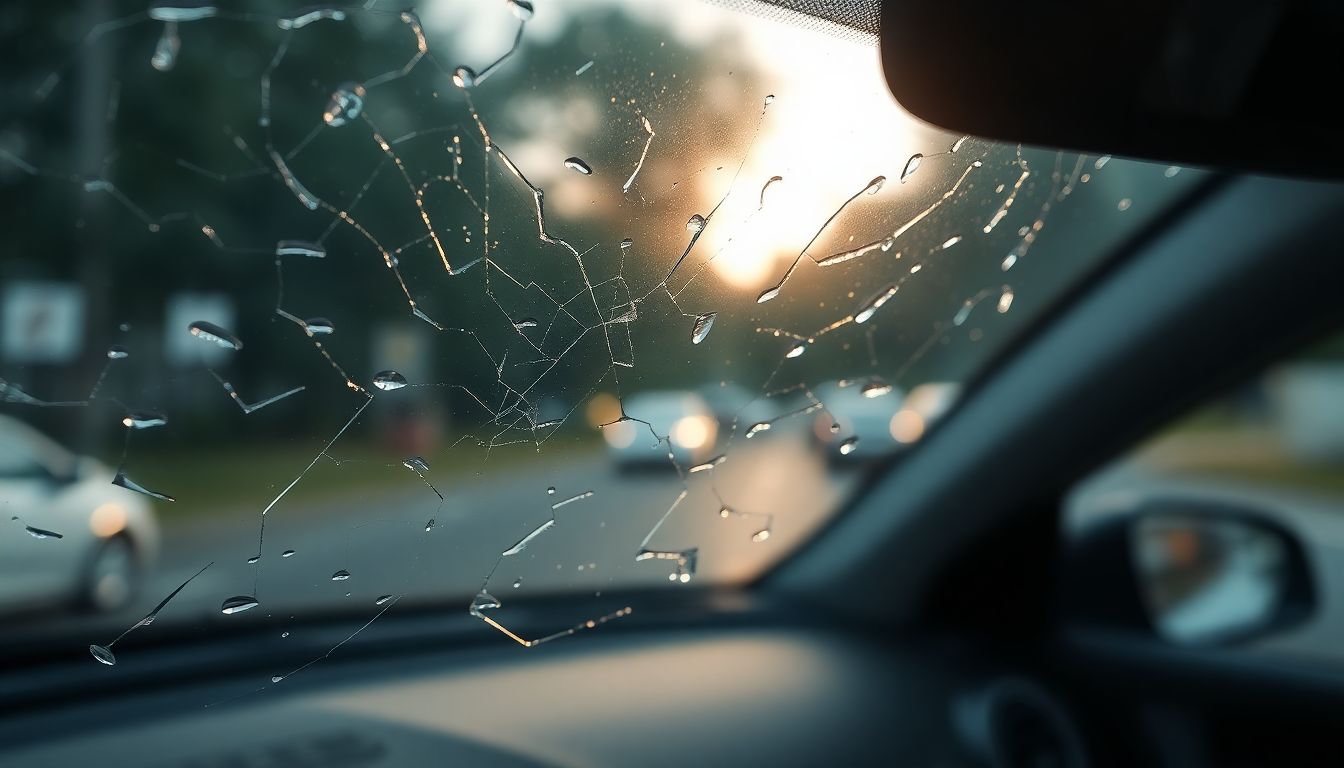 Get Your Car's Glass Ready for Hurricane Season in Texas 1 Close-up of a car's windshield showing subtle cracks and chips from debris, with rain droplets beading on the surface under soft morning light, emphasizing windshield repair houston needs after texas storms.