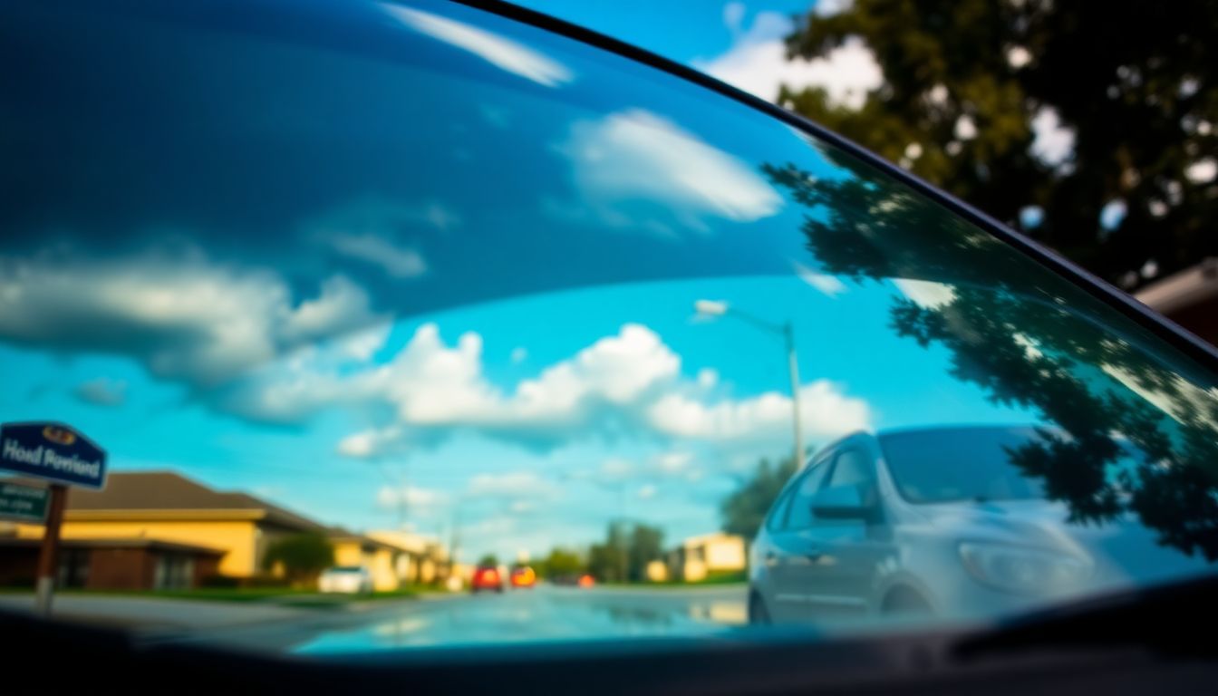 Stay Safe on Houston Roads: Windshield Tips for Stormy Drives 3 Parked vehicle in a houston neighborhood after rain, showcasing an intact windshield reflecting cleared skies and ground puddles under warm sunlight, emphasizing the benefits of windshield repair houston for safe driving in houston rain and reliable auto glass replacement houston.