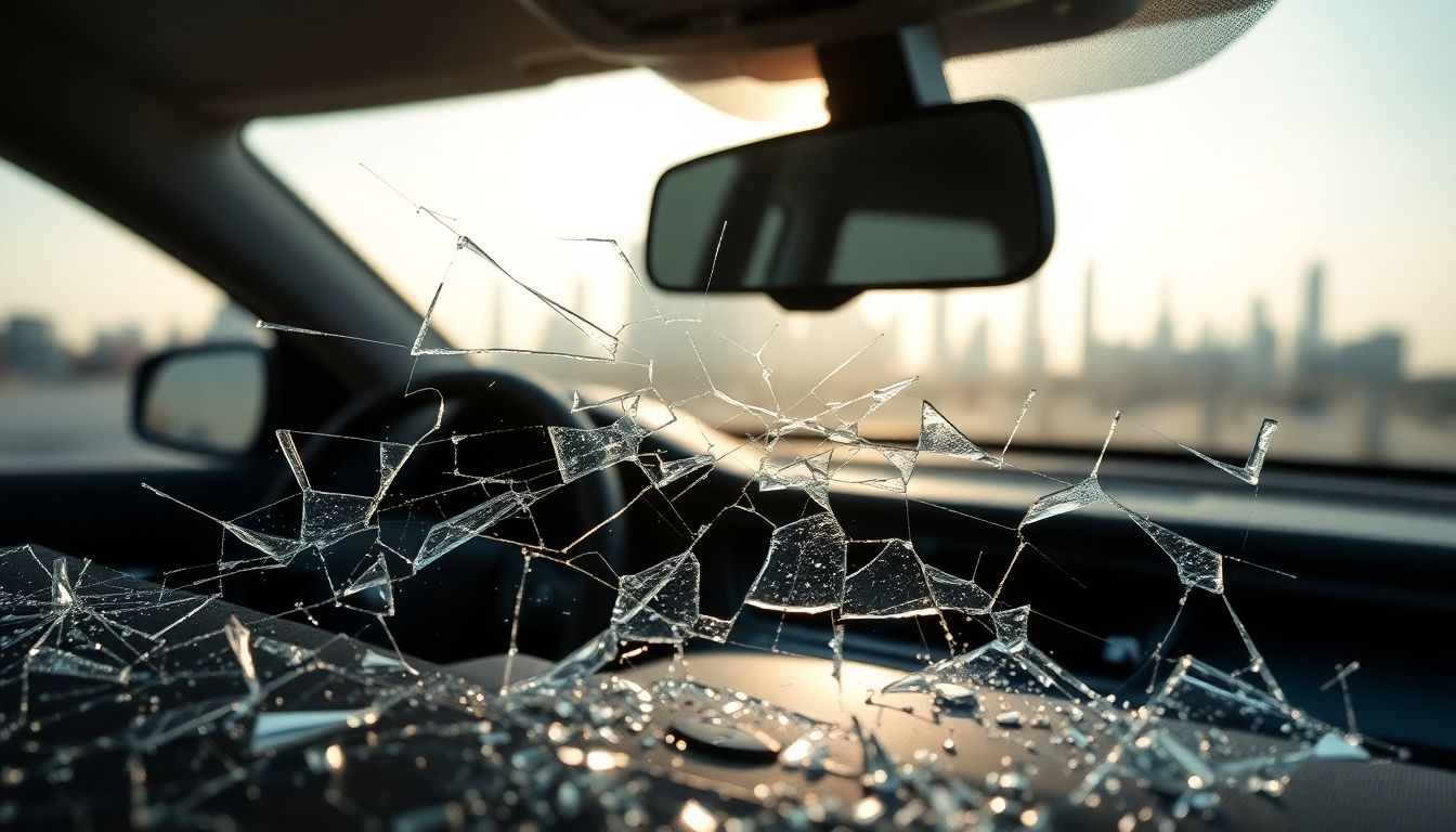 What to Do Right After a Rock Hits Your Windshield in Houston 2 Macro close-up of shattered glass fragments from a rock chip windshield on a car dashboard interior, illuminated by soft morning light through a houston skyline window, showcasing intricate crack patterns and refractive sparkles for windshield repair houston and auto glass replacement needs.