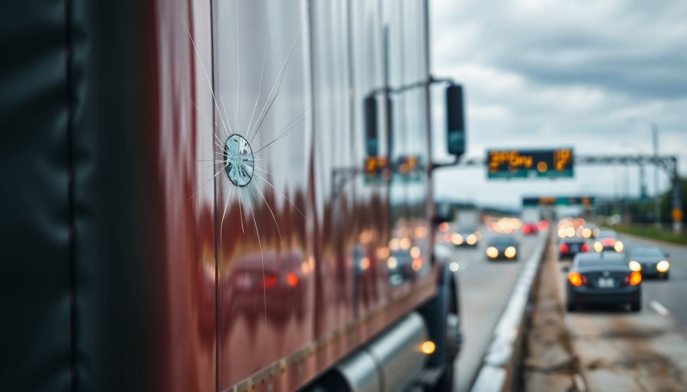 What to Do Right After a Rock Hits Your Windshield in Houston 1 Wide shot of a semi-truck parked on a houston roadside featuring a prominent rock chip windshield crack reflecting highway lights, emphasizing the importance of windshield repair houston and auto glass replacement services.