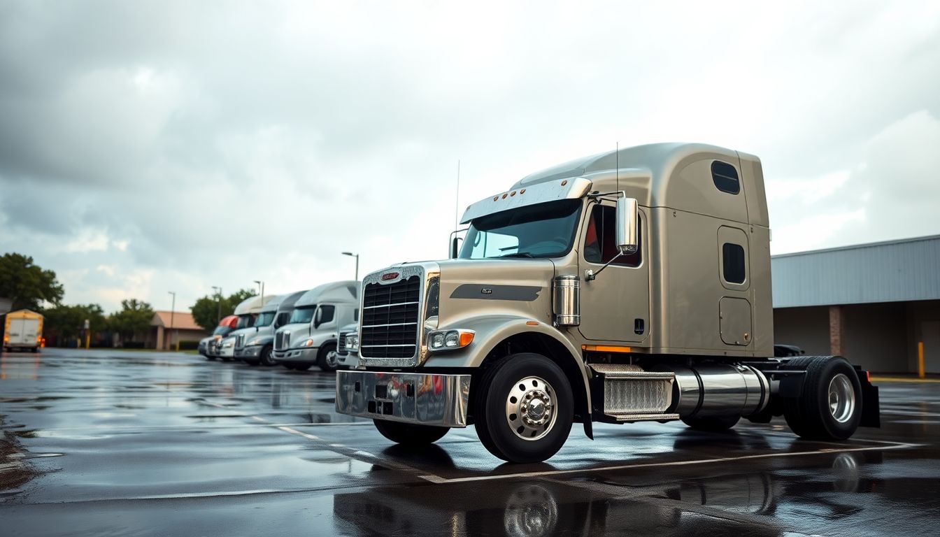 Get Your Car's Glass Ready for Hurricane Season in Texas 3 Wide-angle view of a semi-truck parked in a houston suburban lot after rain, with water droplets on the expansive windshield and side mirrors, illustrating the need for windshield repair houston and auto glass hurricane preparation for car glass texas storm resilience.