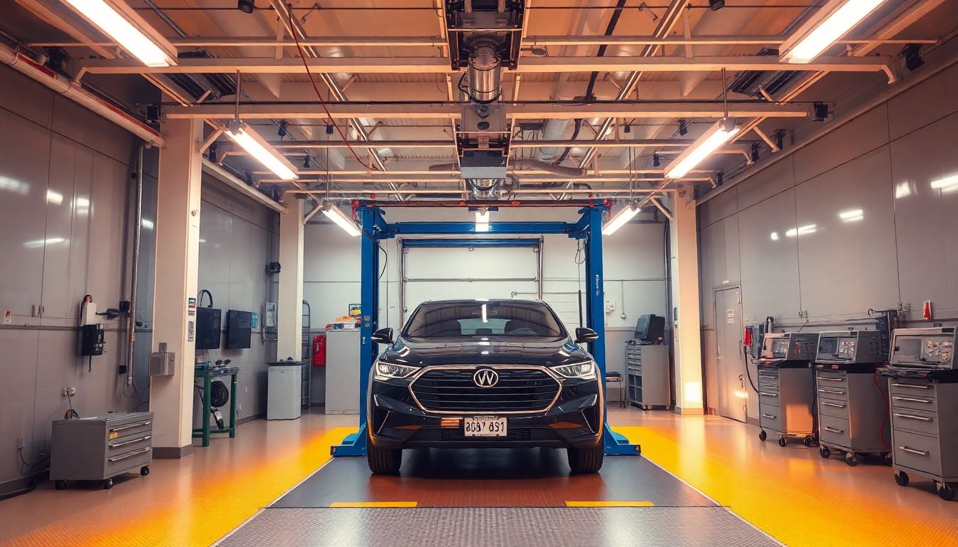 Step-by-Step Guide to Filing Your Windshield Replacement Insurance Claim in Texas 2 Interior of an empty auto repair bay in houston, texas, featuring neatly arranged specialized tools and glass handling equipment for windshield replacement insurance claims, illuminated by warm overhead lighting to highlight precision and cleanliness.