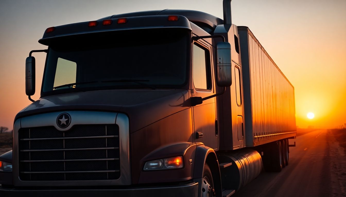 Stay Safe on the Road: Windshield Tips for Your Next Texas Trip 2 Wide shot of a large semi-truck parked on a dusty texas roadside at sunset, featuring the expansive windshield reflecting vibrant orange skies and surrounding scrubland, emphasizing windshield safety tips for texas road trips and the need for timely auto glass repair in houston.