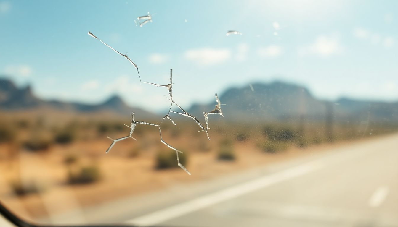Stay Safe on the Road: Windshield Tips for Your Next Texas Trip 1 Close-up view of a car windshield displaying subtle stress fractures in the glass under intense sunlight, with a blurred desert landscape in the background, highlighting windshield safety tips for texas road trips and the need for auto glass repair in houston.