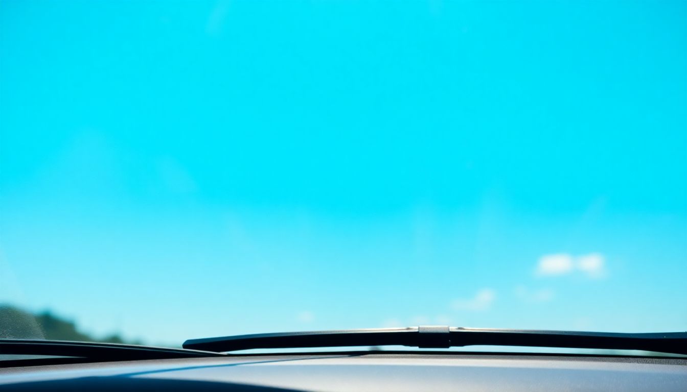 5 Common Mistakes That Harm Your Windshield Wipers and Glass 1 Wide-angle photorealistic view of a car windshield under harsh houston sunlight, with wiper blades flat against the glass showing subtle windshield wiper damage, heat distortion waves, and blue sky reflections, highlighting the need for auto glass repair or houston windshield replacement.